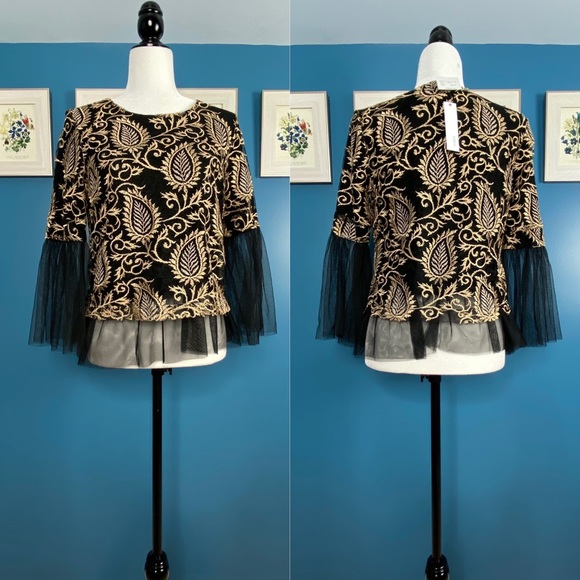 🆕 NWT DREW Women’s Black/Gold Embroidered Mesh Top Tulle Blouse A-Line XS - Picture 4 of 11